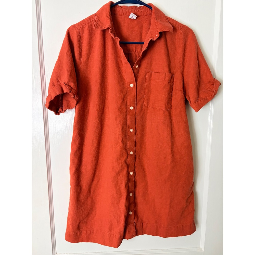 Old Navy Womens Medium Petite Rust Orange Linen Blend Button Down Shirt Dress